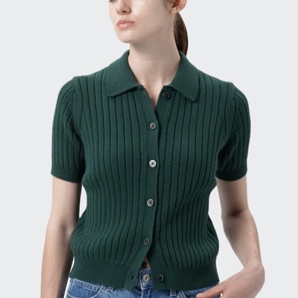 UNIQLO Ribbed Sweater-Knit Polo Short-Sleeve Button-Up Cardigan (Green) - Picture 3 of 16